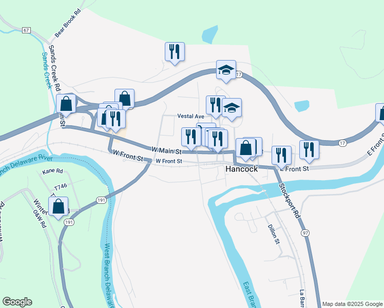 map of restaurants, bars, coffee shops, grocery stores, and more near 32 W Main St in Hancock
