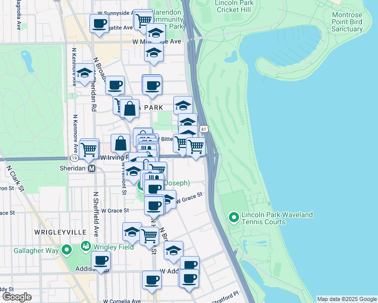 map of restaurants, bars, coffee shops, grocery stores, and more near 640 West Irving Park Road in Chicago