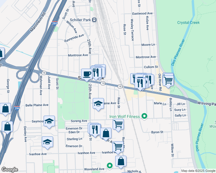 map of restaurants, bars, coffee shops, grocery stores, and more near 9651 Irving Park Road in Schiller Park