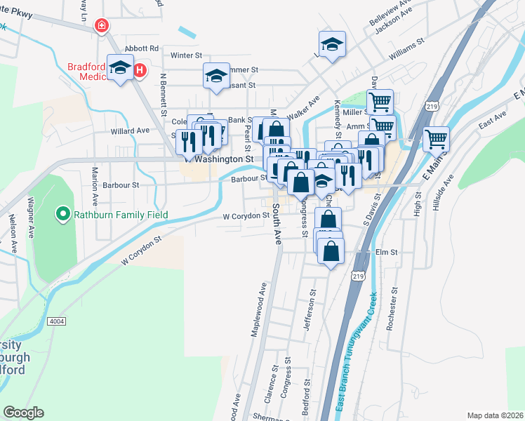 map of restaurants, bars, coffee shops, grocery stores, and more near 53 West Corydon Street in Bradford