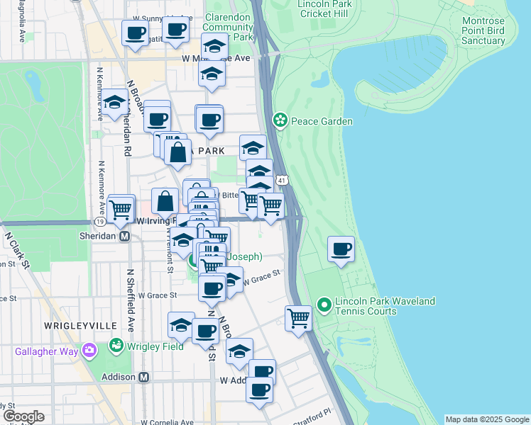 map of restaurants, bars, coffee shops, grocery stores, and more near 600 West Irving Park Road in Chicago