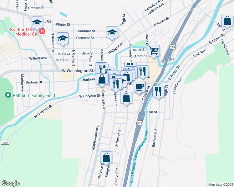 map of restaurants, bars, coffee shops, grocery stores, and more near 27 Congress Street in Bradford