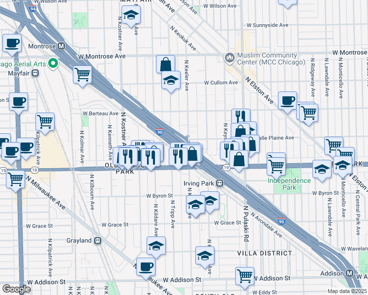 map of restaurants, bars, coffee shops, grocery stores, and more near 4100 North Keeler Avenue in Chicago