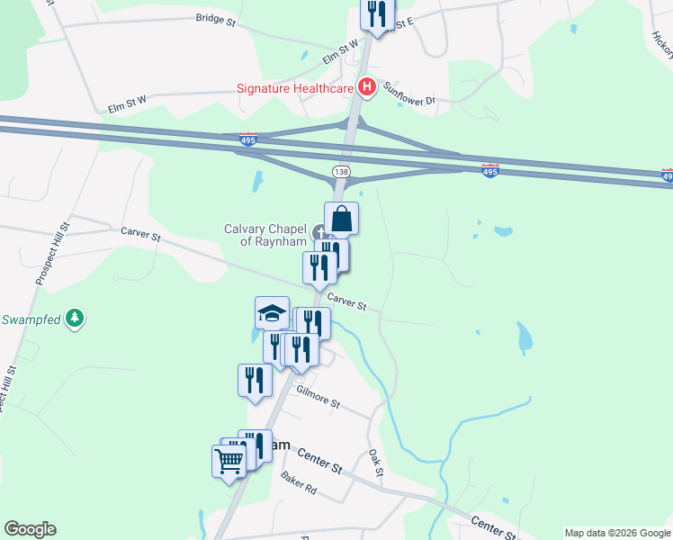 map of restaurants, bars, coffee shops, grocery stores, and more near 964 Broadway in Raynham