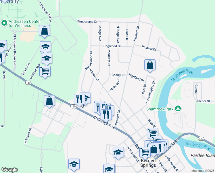 map of restaurants, bars, coffee shops, grocery stores, and more near 9062 Midway Drive in Berrien Springs