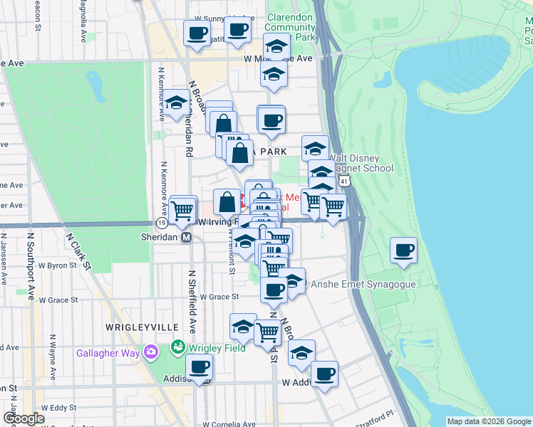 map of restaurants, bars, coffee shops, grocery stores, and more near 758 Irving Park Road in Chicago
