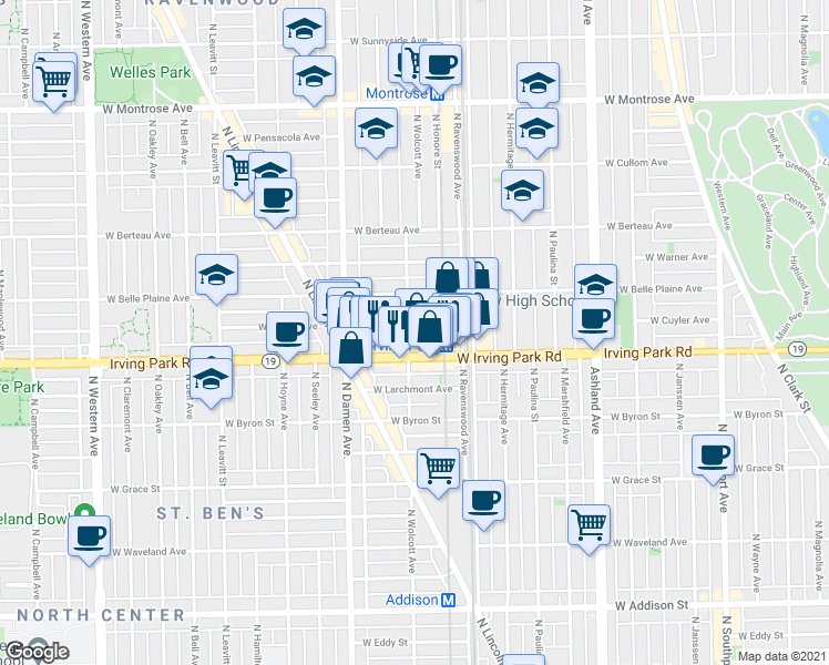 map of restaurants, bars, coffee shops, grocery stores, and more near 1844 West Irving Park Road in Chicago