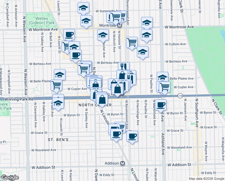 map of restaurants, bars, coffee shops, grocery stores, and more near 1844 West Irving Park Road in Chicago