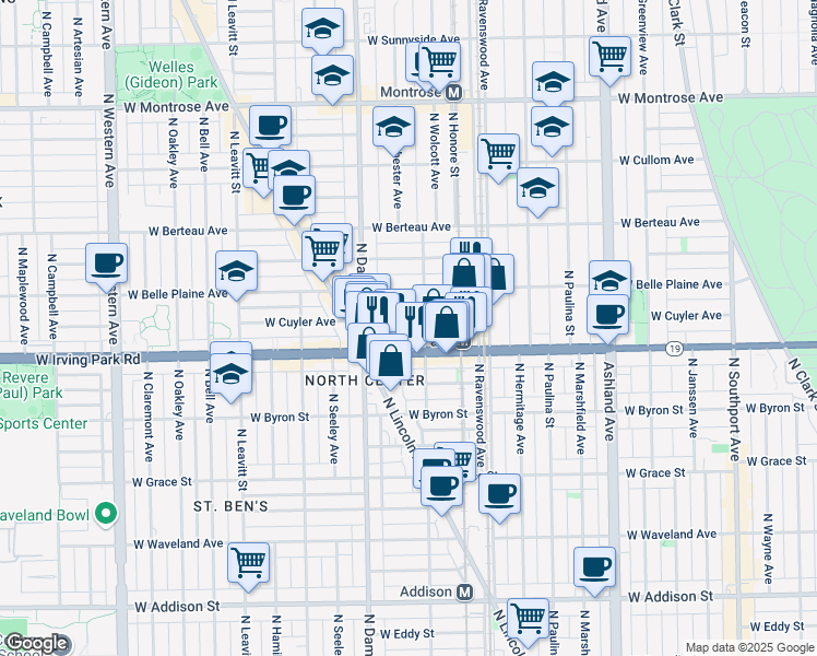 map of restaurants, bars, coffee shops, grocery stores, and more near 1844 West Irving Park Road in Chicago