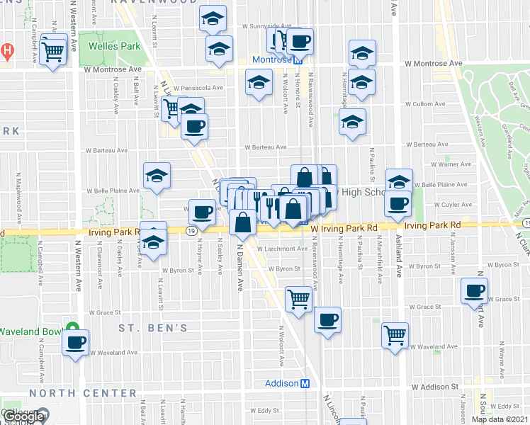 map of restaurants, bars, coffee shops, grocery stores, and more near 1844 West Irving Park Road in Chicago