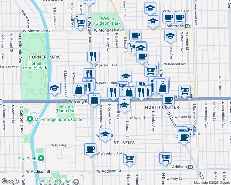 map of restaurants, bars, coffee shops, grocery stores, and more near 4027 North Oakley Avenue in Chicago