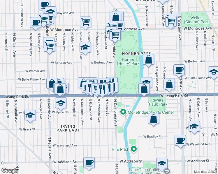 map of restaurants, bars, coffee shops, grocery stores, and more near 4041 North Mozart Street in Chicago
