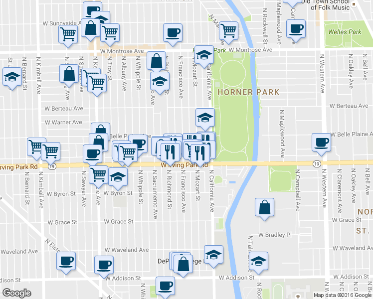map of restaurants, bars, coffee shops, grocery stores, and more near 4031 North Francisco Avenue in Chicago