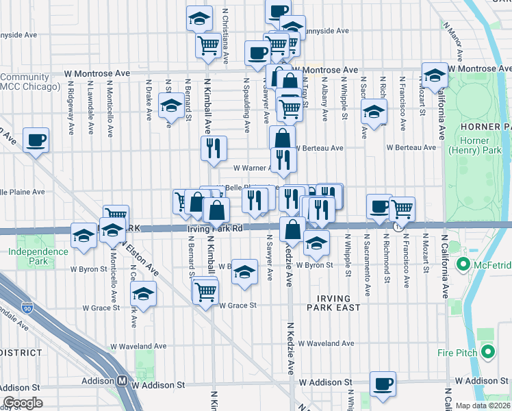 map of restaurants, bars, coffee shops, grocery stores, and more near 4034 North Sawyer Avenue in Chicago