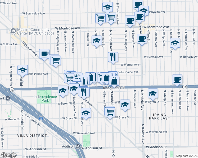 map of restaurants, bars, coffee shops, grocery stores, and more near 4038 North Saint Louis Avenue in Chicago