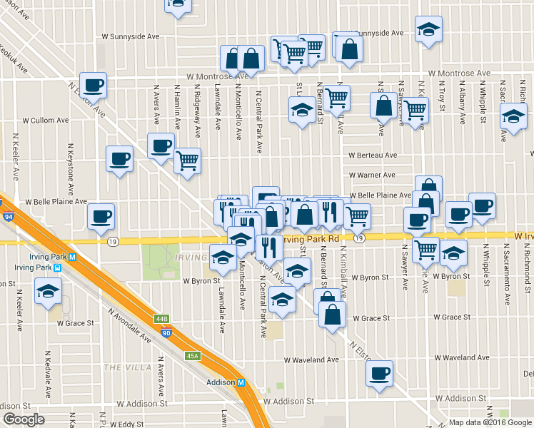 map of restaurants, bars, coffee shops, grocery stores, and more near 4038 North Drake Avenue in Chicago