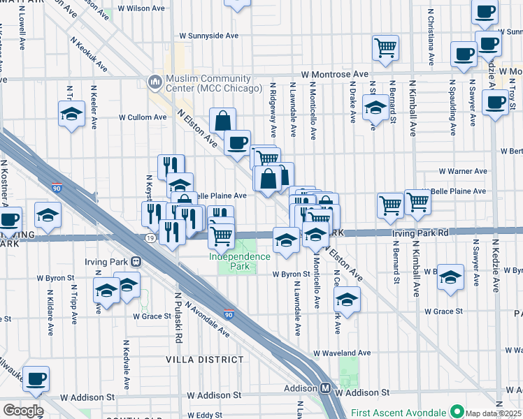 map of restaurants, bars, coffee shops, grocery stores, and more near 4040 North Hamlin Avenue in Chicago
