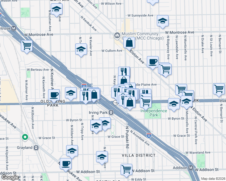 map of restaurants, bars, coffee shops, grocery stores, and more near 4049 North Keystone Avenue in Chicago