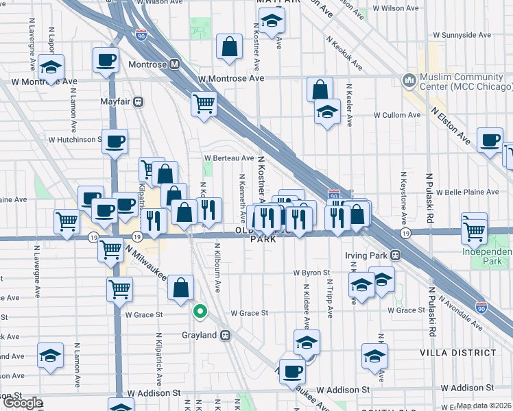 map of restaurants, bars, coffee shops, grocery stores, and more near 4049 North Kostner Avenue in Chicago