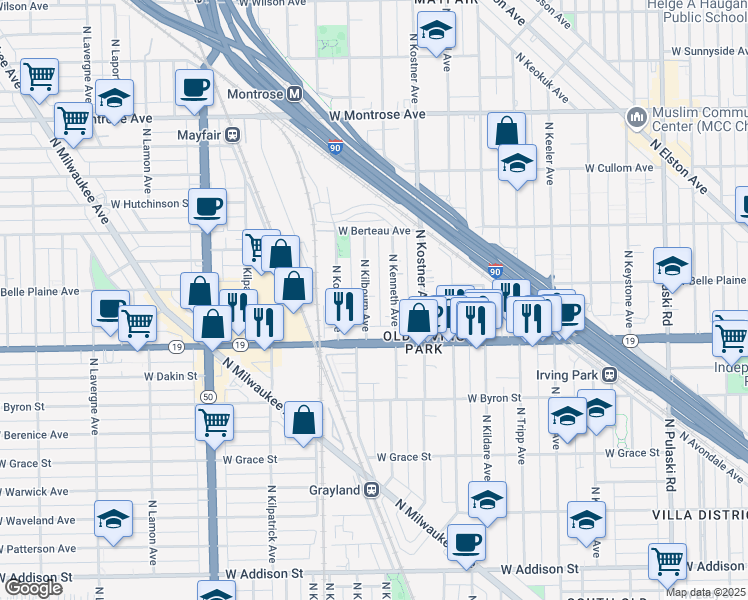 map of restaurants, bars, coffee shops, grocery stores, and more near 4048 North Kenneth Avenue in Chicago