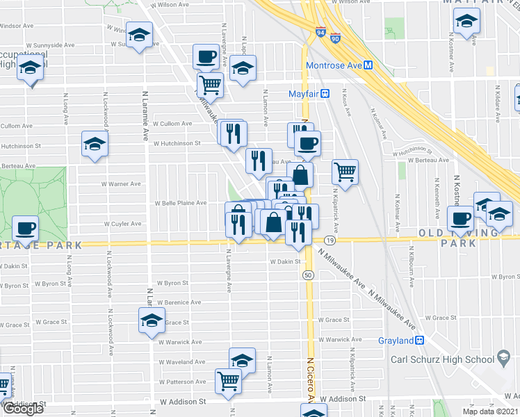 map of restaurants, bars, coffee shops, grocery stores, and more near 4080 North Milwaukee Avenue in Chicago