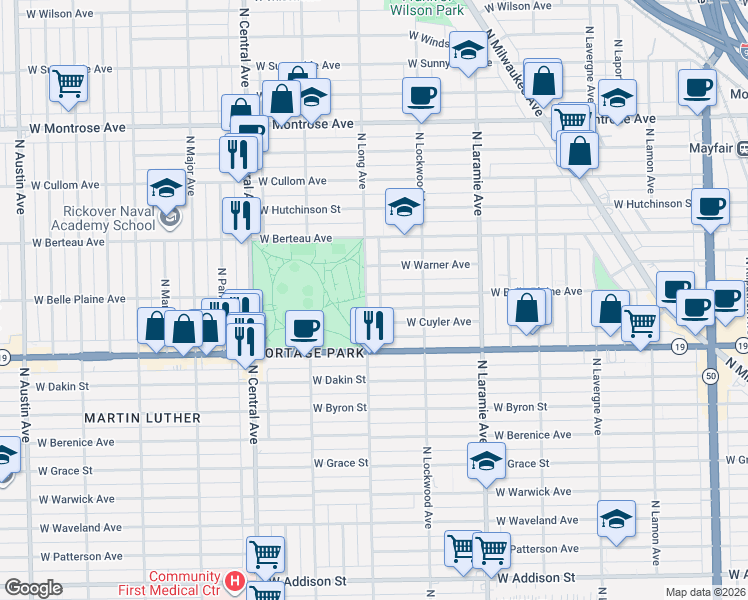 map of restaurants, bars, coffee shops, grocery stores, and more near 5347 West Belle Plaine Avenue in Chicago
