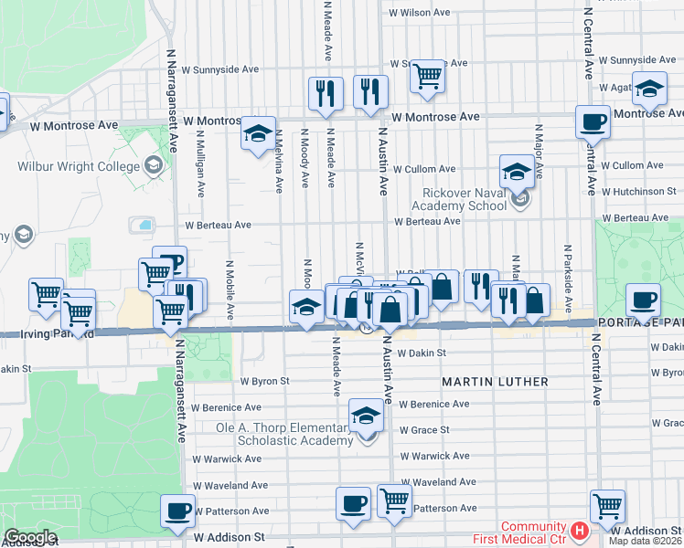map of restaurants, bars, coffee shops, grocery stores, and more near 4102 North McVicker Avenue in Chicago