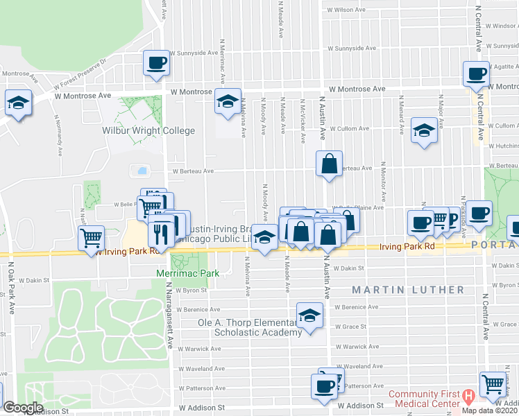 map of restaurants, bars, coffee shops, grocery stores, and more near 4101 North Melvina Avenue in Chicago