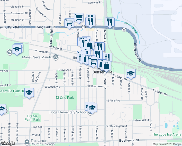 map of restaurants, bars, coffee shops, grocery stores, and more near 151 South Addison Street in Bensenville