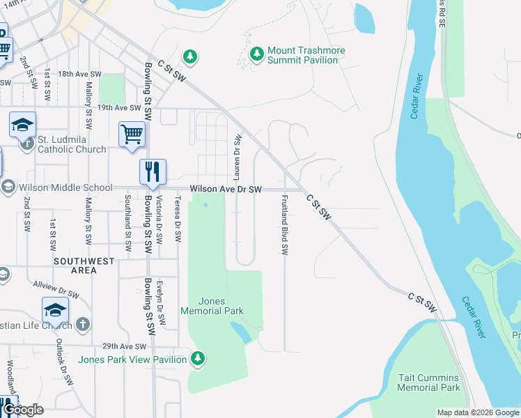 map of restaurants, bars, coffee shops, grocery stores, and more near 2330 Fruitland Boulevard Southwest in Cedar Rapids