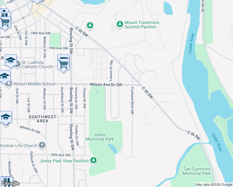 map of restaurants, bars, coffee shops, grocery stores, and more near 2324 Deborah Drive Southwest in Cedar Rapids