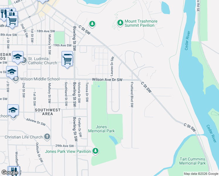 map of restaurants, bars, coffee shops, grocery stores, and more near 201 Wilson Avenue Drive Southwest in Cedar Rapids
