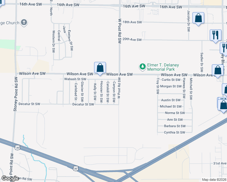 map of restaurants, bars, coffee shops, grocery stores, and more near 2408 Canyon Street Southwest in Cedar Rapids