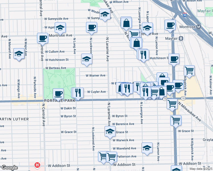 map of restaurants, bars, coffee shops, grocery stores, and more near 5205 West Belle Plaine Avenue in Chicago