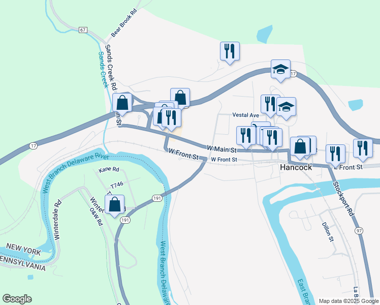 map of restaurants, bars, coffee shops, grocery stores, and more near 390 W Front St in Hancock