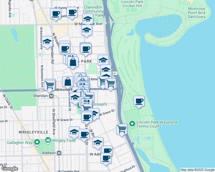 map of restaurants, bars, coffee shops, grocery stores, and more near 640 West Irving Park Road in Chicago