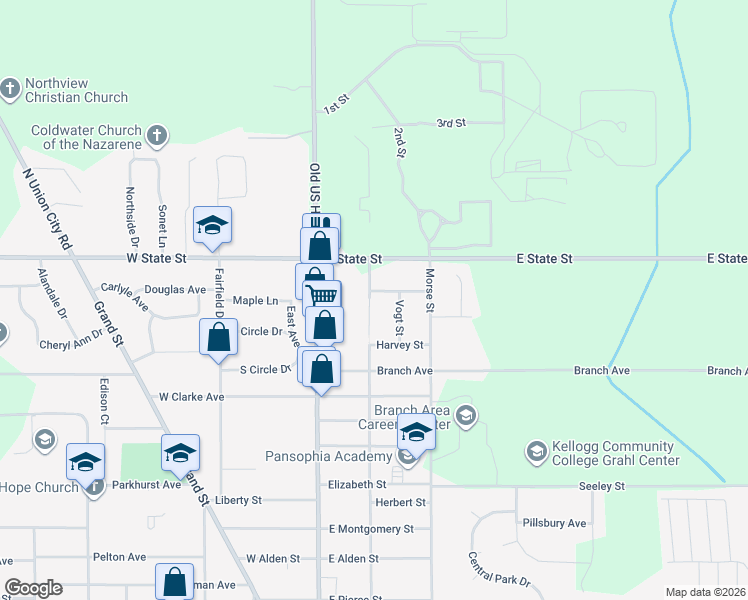 map of restaurants, bars, coffee shops, grocery stores, and more near 80 Hayton Avenue in Coldwater