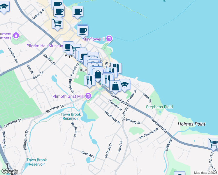 map of restaurants, bars, coffee shops, grocery stores, and more near 10 Water Street in Plymouth