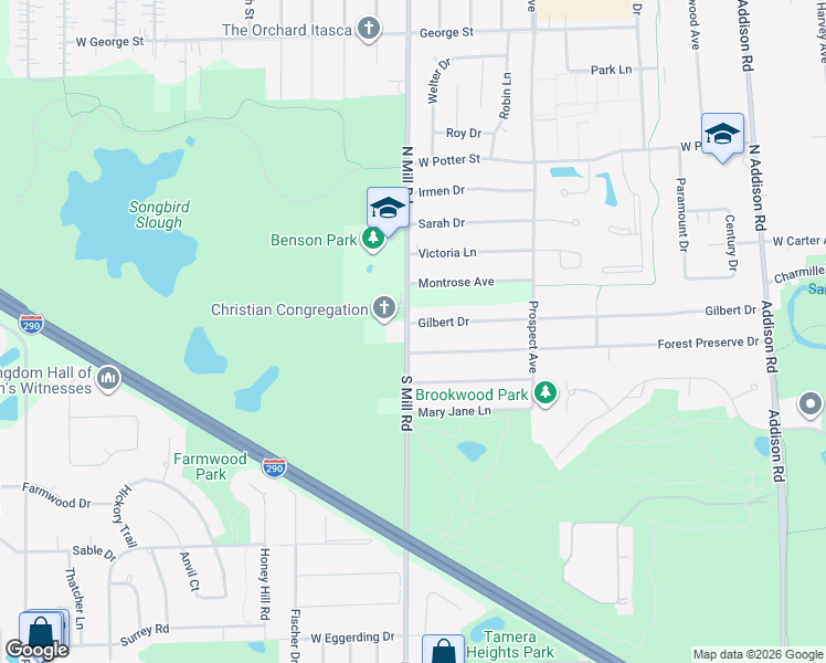 map of restaurants, bars, coffee shops, grocery stores, and more near 634 Mill Road in Wood Dale