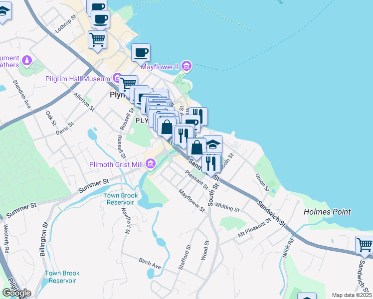 map of restaurants, bars, coffee shops, grocery stores, and more near 10 Water Street in Plymouth