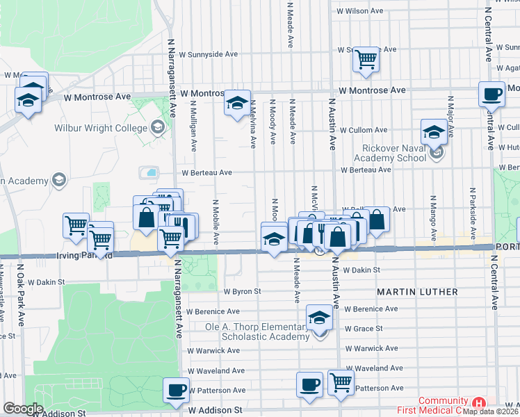 map of restaurants, bars, coffee shops, grocery stores, and more near 4101 North Melvina Avenue in Chicago
