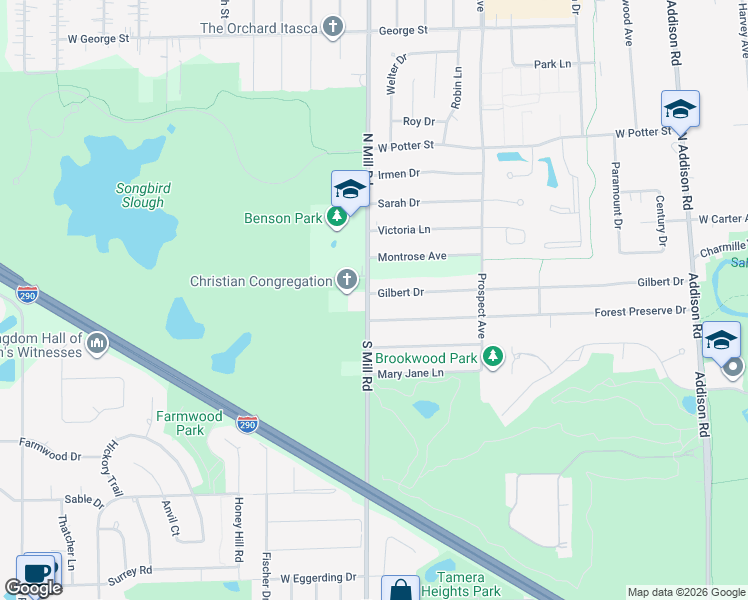 map of restaurants, bars, coffee shops, grocery stores, and more near 634 South Mill Road in Wood Dale