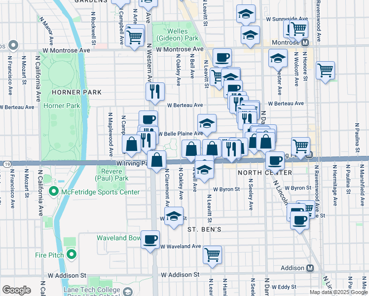 map of restaurants, bars, coffee shops, grocery stores, and more near 4027 North Oakley Avenue in Chicago