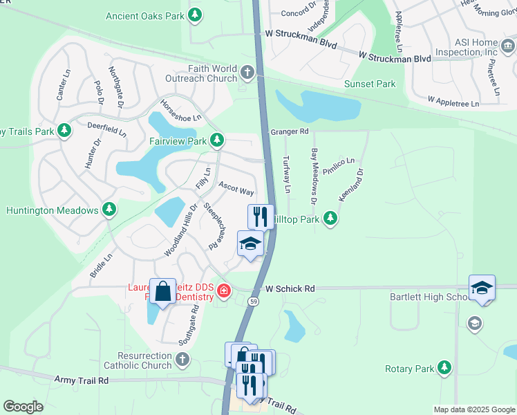 map of restaurants, bars, coffee shops, grocery stores, and more near 1104 Fieldstone Court in Bartlett