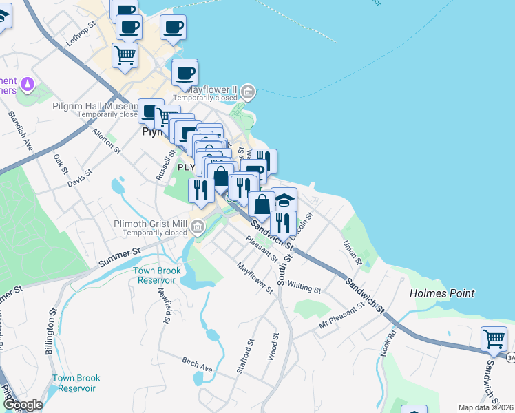 map of restaurants, bars, coffee shops, grocery stores, and more near 10 Water Street in Plymouth