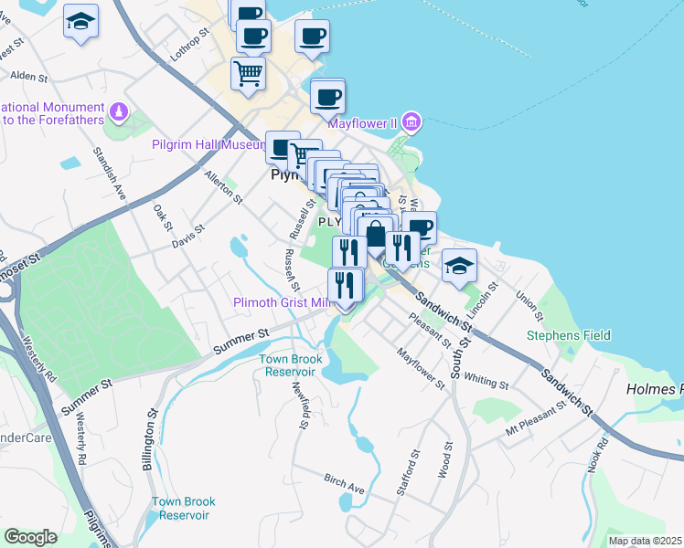 map of restaurants, bars, coffee shops, grocery stores, and more near 12 Church Street in Plymouth