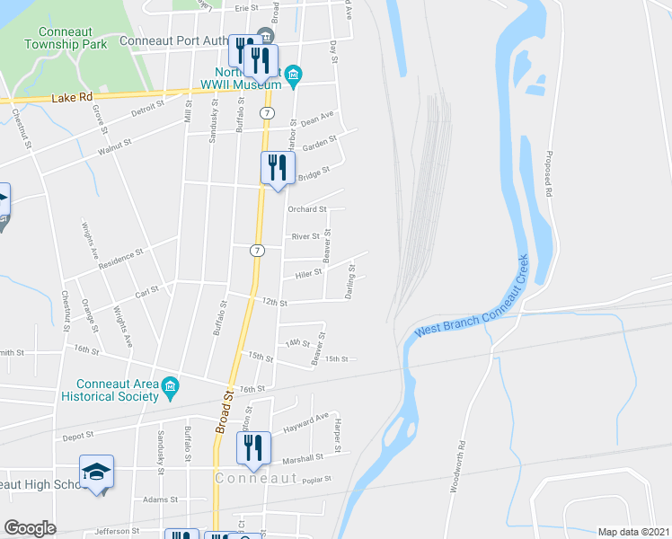 map of restaurants, bars, coffee shops, grocery stores, and more near 129 Hiler Street in Conneaut