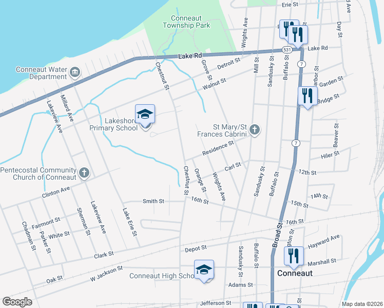 map of restaurants, bars, coffee shops, grocery stores, and more near 681 Chestnut Street in Conneaut