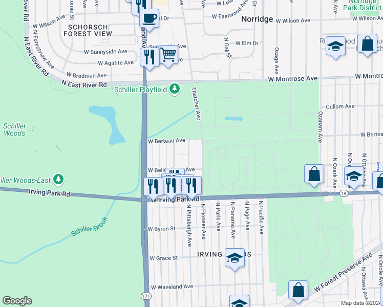 map of restaurants, bars, coffee shops, grocery stores, and more near 4133 North Pittsburgh Avenue in Chicago