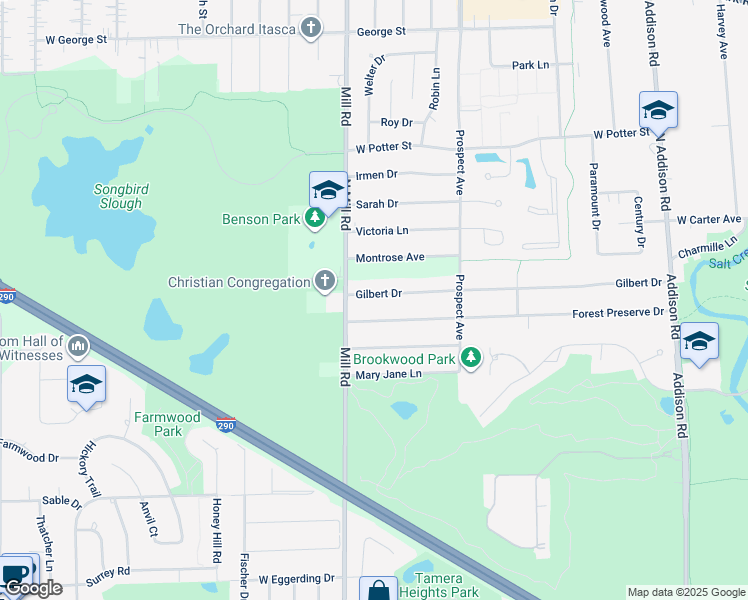 map of restaurants, bars, coffee shops, grocery stores, and more near 612 Gilbert Drive in Wood Dale